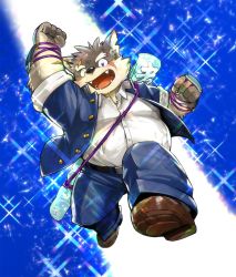 Rule 34 | 1boy, animal ears, animal nose, armor, belt, blue background, blue eyes, blue jacket, blue pants, brown footwear, brown fur, chest tuft, commentary request, dog boy, dog ears, eyebrow cut, facial scar, fangs, fangs out, fat, fat man, full body, furry, furry male, gakuran, highres, jacket, japanese armor, kita 9999, kote, male focus, moritaka (housamo), pants, scar, scar on cheek, scar on face, school uniform, shoes, short hair, smile, snout, solo, sparkle background, thick eyebrows, tokyo houkago summoners, two-tone fur, weapon, weapon on back, yellow fur