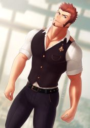 Rule 34 | 1boy, absurdres, bara, beard, belt, blue eyes, brown hair, cigarette, cowboy shot, facial hair, fate/grand order, fate (series), highres, large pectorals, long sideburns, long sleeves, male focus, mikicat, muscular, napoleon bonaparte (fate), official alternate costume, pants, pectorals, scar, sideburns, simple background, smile, solo, uniform, upper body