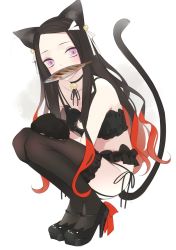 Rule 34 | 1girl, ama mitsuki, animal ears, animal hands, bare shoulders, bell, black bra, black footwear, black hair, black panties, black thighhighs, blush, bra, cat cutout, cat ear heels, cat ears, cat girl, cat lingerie, cat tail, choker, cleavage cutout, clothing cutout, collarbone, commentary request, fish, fish (food), forehead, frilled bra, frills, garter straps, gloves, grilled fish, hair ribbon, high heels, highres, jingle bell, kamado nezuko, kemonomimi mode, kimetsu no yaiba, long hair, meme attire, mouth hold, multicolored hair, neck bell, panties, parted bangs, paw gloves, pink eyes, red hair, ribbon, side-tie panties, solo, squatting, tail, thighhighs, underwear, underwear only, white ribbon