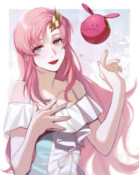 Rule 34 | 1girl, blue eyes, dress, gundam, gundam seed, gundam seed destiny, gundam seed freedom, hair ornament, haro, highres, lacus clyne, long hair, looking at viewer, non-humanoid robot, off-shoulder dress, off shoulder, open mouth, pink hair, robot, smile, solo, ususio 11