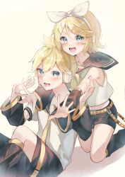 Rule 34 | 1boy, 1girl, :d, aqua eyes, black shorts, blonde hair, brother and sister, hair ornament, hairclip, headphones, headset, highres, kagamine len, kagamine rin, kneeling, leg warmers, looking at viewer, midriff, murumuru (pixiv51689952), navel, necktie, open mouth, short ponytail, shorts, siblings, sitting, smile, twins, vocaloid, yellow nails, yellow necktie