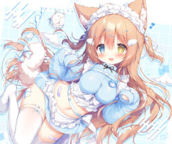 Rule 34 | 1girl, :d, animal ear fluff, animal ears, apron, bandaid, bandaid on leg, blue background, blue eyes, blue jacket, blue skirt, blush, breasts, brown hair, cat ears, commentary request, creature, cropped jacket, frilled apron, frills, hair between eyes, hair ornament, hairclip, heterochromia, jacket, jersey maid, large breasts, long hair, long sleeves, looking at viewer, maid, maid apron, maid headdress, midriff, miniskirt, momozu komamochi, navel, open mouth, original, paw pose, sidelocks, signature, skindentation, skirt, sleeves past wrists, smile, solo, tail, thighhighs, track jacket, turtleneck, turtleneck jacket, unconventional maid, white apron, white thighhighs, yellow eyes, zettai ryouiki