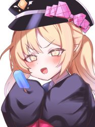 Rule 34 | 1girl, black coat, black hat, blonde hair, blue archive, blush, coat, food, hat, highres, holding, holding food, ibuki (blue archive), long hair, looking at viewer, open mouth, peaked cap, pointy ears, poko050498, popsicle, side ponytail, simple background, sleeves past fingers, sleeves past wrists, smile, solo, upper body, white background, yellow eyes