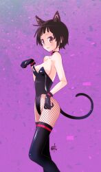 Rule 34 | animal ears, arm at side, artist name, backless leotard, bare back, bare shoulders, bell, black choker, black gloves, black leotard, black pantyhose, black thighhighs, blush, breasts, brown eyes, brown hair, cat ears, cat girl, cat tail, choker, choppy bangs, cleavage, collarbone, commentary, curled fingers, feet out of frame, fishnet pantyhose, fishnets, from side, gloves, hand up, heel up, highleg, highleg leotard, highres, jingle bell, kemonomimi mode, kikumaru bunta, kittysuit, leotard, looking at viewer, looking to the side, medium breasts, monogatari (series), neck bell, nontraditional playboy bunny, orokamonogatari, pantyhose, paw pose, pink lips, purple background, sengoku nadeko, shiny clothes, short hair, sideboob, signature, standing, strapless, strapless leotard, tail, thighhighs, translated, very short hair