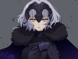 Rule 34 | 1girl, armor, breasts, citron80citron, cloak, eyebrows hidden by hair, fate/samurai remnant, fate (series), grey hair, headpiece, jeanne d&#039;arc alter (fate), jeanne d&#039;arc alter (lancer) (fate), looking at viewer, medium breasts, short hair, simple background, solo, upper body, yellow eyes