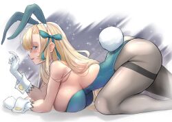 Rule 34 | 1girl, :d, all fours, animal ears, aqua bow, aqua eyes, aqua leotard, arm support, ass, asuna (blue archive), asuna (bunny) (blue archive), bare shoulders, blonde hair, blue archive, bow, breast rest, breasts, fake animal ears, fake tail, feet out of frame, forehead, from side, gloves, hair bow, hand up, highleg, highleg leotard, highres, huge ass, large breasts, legs, leotard, long hair, looking at viewer, looking to the side, open mouth, pantyhose, playboy bunny, rabbit ears, rabbit tail, shiny skin, smile, solo, sparkle, straight hair, tail, thigh strap, thighs, user ppgs2572, very long hair, white gloves