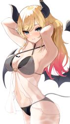 Rule 34 | 1girl, absurdres, alternate costume, armpits, arms up, ass, bare arms, bat tattoo, bikini, black bikini, blonde hair, blue eyes, blush, breast tattoo, breasts, closed mouth, cowboy shot, demon girl, demon horns, demon tail, demon wings, gradient hair, hands in hair, highres, hololive, horns, large breasts, long hair, looking at viewer, multicolored hair, navel, pointy ears, pomp (qhtjd0120), see-through, simple background, solo, standing, sweat, swimsuit, tail, tail raised, tattoo, virtual youtuber, white background, wings, yuzuki choco