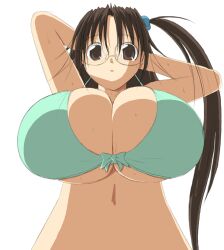 Rule 34 | 1girl, arms behind head, arms up, aya-nes, bikini, blush, bow, bow bikini, breast focus, breasts, brown eyes, brown hair, cleavage, commentary request, from below, glasses, green bikini, hair bobbles, hair ornament, huge breasts, kazakiri hyouka, light blush, long hair, looking at viewer, looking down, parted lips, round eyewear, side ponytail, solo, stomach, swimsuit, toaru majutsu no index, transparent background, underboob, upper body
