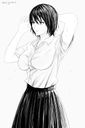 Rule 34 | 1girl, absurdres, arm behind head, arms up, black hair, breasts, buttons, collar, collared shirt, drawing, dripping, greyscale, highres, hot, large breasts, long skirt, looking away, monochrome, original, reiquant, shirt, short hair, short sleeves, signature, simple background, sketch, skirt, sweat, uniform, white background