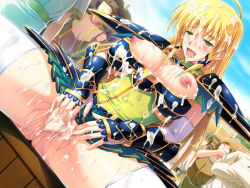 Rule 34 | 1girl, angelica rothschild, armor, blonde hair, blush, breasts, censored, cum, cum in pussy, cum on body, cum on breasts, cum on lower body, cum on upper body, elf, facial, game cg, green eyes, himekishi angelica, ishigaki takashi, large breasts, legs, long hair, masturbation, nipples, no panties, open mouth, pointy ears, public indecency, pussy, pussy juice, saliva, sitting, skirt, smile, spread legs, sweat, thighs, wet, white legwear