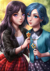Rule 34 | 2girls, bishoujo senshi sailor moon, black hair, black jacket, blue eyes, blue hair, blurry, blurry background, bracelet, casual, colored eyebrows, earrings, highres, hino rei, holding, jacket, jewelry, kotikomori, leather, leather jacket, looking at viewer, mars symbol, mercury symbol, mizuno ami, multiple girls, parted bangs, parted lips, pink lips, plaid, plaid skirt, polka dot, polka dot skirt, purple eyes, purple skirt, red lips, red skirt, short hair, skirt, smile, star power stick, unzipped, wand