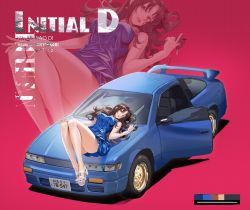 Rule 34 | 1girl, absurdres, bare arms, bare legs, blue dress, blue nails, breasts, brown eyes, brown hair, car, car keys, commentary request, dress, earrings, full body, high heels, highres, initial d, jewelry, koi han, large breasts, lips, long hair, lying, motor vehicle, nail polish, nissan, nissan sileighty, on back, parted lips, red background, sandals, satou mako, sleeveless, sleeveless dress, solo, sports car, toenail polish, toenails, vehicle focus, zoom layer