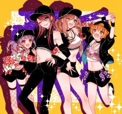 Rule 34 | 4girls, :d, ;d, arm hug, arms up, backwards hat, bang dream!, baseball cap, black choker, black footwear, black hat, black jacket, black pants, black shirt, black skirt, blue nails, bow, breasts, brown eyes, brown hair, character print, choker, cleavage, commentary request, crop top, drop shadow, earrings, fang, fishnet legwear, fishnets, floral print, fur-trimmed jacket, fur trim, green eyes, grin, hair between eyes, hand on own hip, hat, holding hands, hoop earrings, imai lisa, jacket, jewelry, kitazawa hagumi, long sleeves, looking at viewer, mamaloni, medium breasts, michelle (bang dream!), miniskirt, multiple girls, nail polish, one eye closed, open mouth, orange hair, pants, pendant, polka dot, polka dot bow, print jacket, print shirt, purple bow, purple hair, red bow, red eyes, red nails, ring, shirt, shoes, short hair, sidelocks, skirt, sleeveless, sleeveless turtleneck, smile, socks, sparkle, sports bra, standing, standing on one leg, thighhighs, turtleneck, twintails, udagawa ako, udagawa tomoe, v-shaped eyebrows, white legwear, white sports bra, yellow background