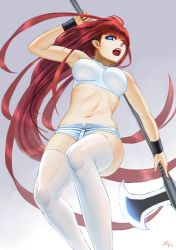 Rule 34 | 1girl, absurdres, arm up, axe, bare arms, blue eyes, breasts, darkmuleth, gradient background, highres, holding, long hair, midriff, navel, open mouth, original, red hair, short shorts, shorts, simple background, solo, thighhighs, tongue, very long hair, weapon, white thighhighs, wrist cuffs, zettai ryouiki