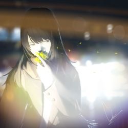 Rule 34 | 1girl, black hair, blurry, blurry background, brown eyes, coat, commentary request, depth of field, flower, half-closed eyes, highres, holding, holding flower, long hair, long sleeves, looking to the side, loundraw, original, signature, smelling, smelling flower, solo, upper body