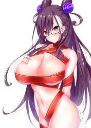 Rule 34 | 1girl, arm behind back, bare shoulders, blush, breasts, cleavage, closed mouth, collarbone, cone hair bun, double bun, eyewear strap, fate/grand order, fate (series), glasses, hair between eyes, hair bun, hair ornament, highres, large breasts, long hair, looking at viewer, murasaki shikibu (fate), naked ribbon, navel, purple eyes, purple hair, red ribbon, ribbon, sankakusui, shiny skin, simple background, solo, white background