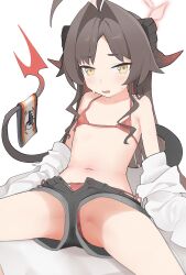 Rule 34 | 1girl, absurdres, bare arms, bare legs, bare shoulders, bikini, black shorts, blue archive, blush, coat, demon horns, demon tail, fang, hair intakes, halo, highres, horns, kasumi (blue archive), looking at viewer, micro bikini, navel, red bikini, revision, rong hui, shorts, side-tie bikini bottom, simple background, sitting, solo, spread legs, string bikini, sweatdrop, swimsuit, swimsuit under clothes, tail, white background, white coat