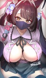 Rule 34 | 1girl, animal ear fluff, animal ears, areola slip, black hair, black skirt, black thighhighs, blue archive, blush, breasts, commentary request, eyeliner, flower, fox ears, hair flower, hair ornament, halo, highres, large breasts, long hair, long sleeves, looking at viewer, makeup, mask, mouth mask, multicolored hair, open clothes, open shirt, purple shirt, red hair, shirt, skirt, solo, thighhighs, twintails, two-tone hair, wakamo (blue archive), wisespeak, yellow eyes