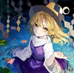 Rule 34 | 1girl, absurdres, blonde hair, brown hat, closed mouth, daimaou ruaeru, floating hair, flower, hair ribbon, hand up, hat, highres, light smile, lily pad, looking at viewer, moriya suwako, partially submerged, petals, purple skirt, ribbon, shide, skirt, skirt set, slit pupils, solo, touhou, tress ribbon, vest, wading, water, wide sleeves, yellow eyes