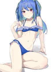 Rule 34 | 1girl, alternate costume, atsushima, bikini, black ribbon, blue bikini, blue hair, blush, breasts, closed mouth, commentary request, expressionless, foot out of frame, frilled bikini, frills, green hair, hair between eyes, hair ribbon, highres, long hair, looking to the side, lying, medium bangs, mole, mole under eye, multicolored hair, nanashi inc., navel, on side, red eyes, ribbon, simple background, small breasts, solo, suzumi nemo, swimsuit, two-tone hair, virtual youtuber, white background
