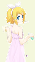 Rule 34 | 1girl, bad id, bad pixiv id, blonde hair, blue eyes, cup, female focus, hair ornament, hairclip, highres, kagamine rin, looking back, mouth hold, nagian, nightgown, short hair, simple background, solo, strap slip, toothbrush, toothpaste, vocaloid