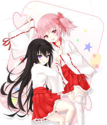 Rule 34 | 10s, 2girls, akemi homura, alternate costume, bad id, bad pixiv id, black hair, bow, hair bow, hand on another&#039;s chest, heart, japanese clothes, kaname madoka, long hair, lying, mahou shoujo madoka magica, mahou shoujo madoka magica (anime), miko, multiple girls, pink hair, purple eyes, rateratte, short twintails, star (symbol), thighhighs, twintails