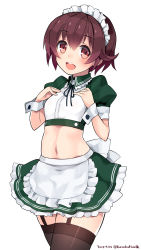 Rule 34 | 10s, 1girl, 2015, :d, alternate costume, apron, bad id, bad pixiv id, black thighhighs, blue ribbon, blush, brown hair, cowboy shot, crop top, dated, enmaided, garter straps, hands on own chest, highres, kantai collection, kuro chairo no neko, maid, maid apron, maid headdress, midriff, mutsuki (kancolle), navel, open mouth, paw print, puffy short sleeves, puffy sleeves, red eyes, ribbon, short hair, short sleeves, simple background, smile, solo, stomach, thighhighs, twitter username, waist apron, white background, wrist cuffs, zettai ryouiki