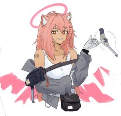 Rule 34 | 1girl, animal ear fluff, animal ears, arknights, bag, barcode, barcode tattoo, bare shoulders, cosplay, dokonjou (odossan), earrings, gravel (arknights), gun, hair between eyes, jacket, jewelry, long hair, long sleeves, looking at viewer, open clothes, pink hair, simple background, smile, solo, spuria (arknights), spuria (arknights) (cosplay), tattoo, twirling gun, twirling weapon, weapon