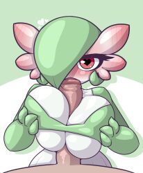 Rule 34 | 1boy, 1girl, bare shoulders, blush, bra, breasts, cleavage, clothed female nude male, colored skin, creatures (company), dress, erection, fellatio, furry, game freak, gardevoir, gen 3 pokemon, grabbing, grabbing own breast, green background, green hair, green skin, hair over one eye, half-closed eyes, heart, heart-shaped pupils, hetero, highres, holding, huge breasts, huge penis, interspecies, large breasts, large penis, limebreaker, looking at viewer, nintendo, nude, oral, paizuri, paizuri under clothes, penis, pokemon, pov, short hair, symbol-shaped pupils, underboob, underwear, white background, white skin