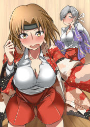 Rule 34 | 10s, 2girls, bad id, bad pixiv id, blouse, blush, breasts, brown eyes, brown hair, chitose (kancolle), chiyoda (kancolle), cleavage, commentary request, gloves, grey eyes, hair ribbon, hairband, hakama, hakama skirt, hand on own cheek, hand on own face, hand up, headband, japanese clothes, kantai collection, large breasts, leaning back, long hair, multiple girls, nose blush, open clothes, open collar, open mouth, open shirt, outstretched arm, parted bangs, ribbon, shirt, short hair, silver hair, skirt, tasuki, white gloves, white shirt, wide sleeves, wooden floor, wooden wall, yoiyoi (kannkann100)