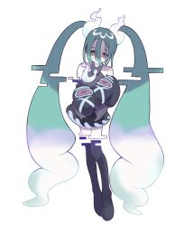Rule 34 | 1girl, bare shoulders, black skirt, black sleeves, black thighhighs, collared shirt, creatures (company), detached sleeves, eguwi, full body, game freak, ghost miku (project voltage), grey shirt, hair between eyes, hatsune miku, highres, long hair, multicolored hair, necktie, nintendo, pokemon, project voltage, shirt, simple background, skirt, solo, thighhighs, twintails, vocaloid, white background, yellow eyes