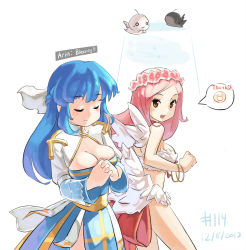Rule 34 | 2012, 2girls, arch bishop (ragnarok online), arin, blue hair, blush, braid, breasts, brown eyes, cleavage, closed eyes, dated, dress, emoticon, english text, flower, hair flower, hair ornament, head wreath, jewelry, junkpuyo, large breasts, long hair, lucia, lucia (pangya), multiple girls, open mouth, pangya, pink hair, praying, ragnarok online, ribbon, sideboob, simple background, smile, strapless, tube top, wanderer (ragnarok online), white background, wings
