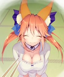 Rule 34 | 10s, 1girl, animal ears, bad id, bad pixiv id, blush stickers, breasts, chop sticks, cleavage, closed eyes, collarbone, detached collar, eating, eyebrows, fate/extra, fate/extra ccc, fate (series), food, food on face, fox ears, happy, large breasts, looking at viewer, mogullaz, official alternate costume, outline, pink hair, solo, tamamo (fate), tamamo no mae (fate/extra)