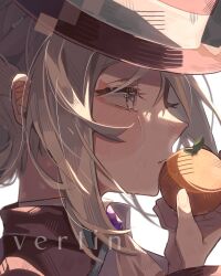 Rule 34 | 1girl, blush, bright pupils, brooch, commentary, crying, crying with eyes open, english commentary, food, from side, fruit, grey eyes, grey hair, hand up, hat, hat ribbon, highres, jewelry, orange (fruit), parted lips, portrait, profile, red hat, reverse:1999, ribbon, simple background, solo, spqve, tears, vertin (reverse:1999), white background, white pupils, white ribbon