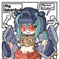 Rule 34 | 1girl, angry, aqua hair, autobot, fang, goggles, grimlock, lowres, mecha musume, midriff, navel, oekaki, red eyes, science fiction, solo, transformers, transformers: generation 1