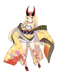 Rule 34 | 1girl, bad id, bad pixiv id, bare shoulders, beads, blonde hair, closed mouth, earrings, facial mark, fate/grand order, fate (series), floral print, full body, highres, horns, ibaraki douji (fate), japanese clothes, jewelry, kimono, kkaebing, legs apart, long hair, no eyebrows, no nose, obi, off shoulder, oni, oni horns, orange eyes, pointy ears, prayer beads, sash, short kimono, sidelocks, simple background, sleeves past wrists, solo, straight hair, tattoo, very long hair, white background, wide sleeves, yellow kimono