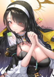 Rule 34 | 1girl, absurdres, black hair, blue archive, blush, breasts, chee ke, clothing cutout, cross, hair over one eye, halo, highres, hinata (blue archive), large breasts, long hair, looking at viewer, nun, praying, red eyes, smile, solo, yellow halo