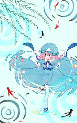 Rule 34 | 1girl, abstract background, blue background, blue hat, blue kimono, commentary request, fish, full body, hat, japanese clothes, kimono, long sleeves, medium hair, mob cap, open mouth, parmesan (168n), pink hair, red eyes, ripples, saigyouji yuyuko, sandals, solo, standing, standing on liquid, standing on one leg, touhou, triangular headpiece, white legwear, wide sleeves, willow, zouri