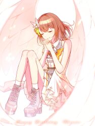 Rule 34 | 1girl, brown hair, character name, closed eyes, closed mouth, commentary, feathered wings, full body, hair ornament, hanasato minori, happy birthday, highres, knees up, medium hair, official alternate costume, own hands together, project sekai, shoelaces, sleeveless, socks, solo, symbol-only commentary, teneko02, todoke! hopeful stage (project sekai), white socks, wings