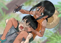 Rule 34 | 1boy, 1girl, beetle, black hair, blue eyes, blurry, blurry background, bug, carrying, constricted pupils, cousins, dark-skinned female, dark skin, dutch angle, hat, highres, holding, insect, inu chikushou, itoko no ko, looking down, low ponytail, official art, one eye closed, open mouth, orange tank top, outdoors, piggyback, ponytail, rhinoceros beetle, sandals, scared, shirt, short hair, shorts, sweat, tan, tank top, tanline, tomboy