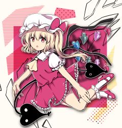Rule 34 | 1girl, ascot, blonde hair, bobby socks, bow, crystal, flandre scarlet, frilled shirt, frilled shirt collar, frilled skirt, frilled sleeves, frills, hair between eyes, hat, hat ribbon, highres, laevatein (touhou), mary janes, medium hair, mob cap, one side up, open mouth, puffy short sleeves, puffy sleeves, red bow, red eyes, red footwear, red ribbon, red skirt, red vest, ribbon, rpameri, shirt, shoes, short sleeves, skirt, socks, solo, touhou, vest, white hat, white shirt, white socks, wings, yellow ascot