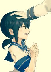 Rule 34 | 10s, 1girl, absurdres, black hair, closed eyes, fubuki (kancolle), gloves, hand on another&#039;s head, hands together, head pat, highres, kantai collection, open mouth, headpat, ponytail, profile, ranf, school uniform, serafuku, short sleeves, short twintails, simple background, smile, solo focus, twintails, upper body