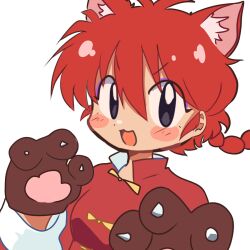 Rule 34 | 1girl, animal ears, animal hands, braid, braided ponytail, breasts, cat ears, eextrovrt, hair between eyes, happy, highres, open mouth, ranma-chan, ranma 1/2, red hair, simple background, small breasts, solo, white background