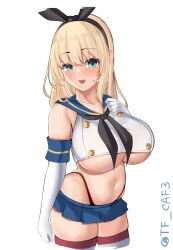 Rule 34 | 1girl, atago (kancolle), black hairband, black neckerchief, black panties, blue sailor collar, blue skirt, blush, breasts, cosplay, cowboy shot, crop top, elbow gloves, gloves, hairband, highleg, highleg panties, kantai collection, large breasts, long hair, looking at viewer, microskirt, navel, neckerchief, open mouth, panties, sailor collar, shimakaze (kancolle), shimakaze (kancolle) (cosplay), simple background, skirt, solo, striped clothes, striped thighhighs, tf cafe, thighhighs, thong, twitter username, underwear, white background, white gloves