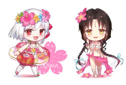 Rule 34 | 2girls, bikini, black hair, blue flower, blue ribbon, blush, bracelet, braid, breasts, character name, chest tattoo, chibi, chinese commentary, detached leggings, earrings, fate/grand order, fate (series), flower, flower earrings, flower wreath, forehead tattoo, frilled bikini, frills, full body, green footwear, grey hair, hair between eyes, hair flower, hair ornament, hair ribbon, hand up, highres, innertube, jewelry, kama (fate), kama (swimsuit avenger) (fate), kama (swimsuit avenger) (first ascension) (fate), leggings, long hair, looking at viewer, medium breasts, medium hair, mismatched bikini, multicolored hair, multiple girls, navel, necklace, open mouth, parted bangs, pearl bracelet, pearl earrings, pearl necklace, pink bikini, pink flower, pink hair, pink sarong, platform footwear, red eyes, ribbon, sandals, sarong hold, sessyoin kiara, sessyoin kiara (swimsuit mooncancer), sessyoin kiara (swimsuit mooncancer) (first ascension), shell, shell necklace, simple background, standing, streaked hair, swim ring, swimsuit, tattoo, twin braids, underboob, very long hair, white background, white bikini, white footwear, white leggings, xuehua, yellow eyes, yellow flower