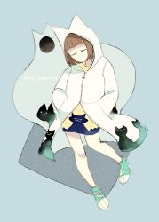 Rule 34 | androgynous, animal print, blue background, blunt bangs, bob cut, brown hair, cat print, closed eyes, endogeny (undertale), floating, frisk (undertale), full body, gender request, ghost, hands in pockets, hood, hooded jacket, jacket, long sleeves, neko ni chikyuu, shoes, short hair, sketch, sneakers, undertale