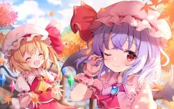 Rule 34 | 2girls, arm up, ascot, autumn leaves, back bow, bat wings, blue sky, blush, bow, bridge, closed eyes, cloud, cloudy sky, commentary request, crystal, fang, fang out, flandre scarlet, frilled shirt collar, frilled sleeves, frills, hanen (borry), happy, hat, highres, korean commentary, looking at viewer, mob cap, multiple girls, one eye closed, open mouth, puffy short sleeves, puffy sleeves, purple hair, red ascot, red eyes, red ribbon, red vest, remilia scarlet, ribbon, river, short hair, short hair with long locks, short sleeves, siblings, side ponytail, sisters, skin fang, sky, standing, stone, touhou, upper body, vest, white bow, wings, wrist cuffs, yellow ascot