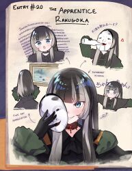 Rule 34 | 1girl, arrow (symbol), black choker, black hair, blue eyes, blush, bottle, choker, dress, drinking, drooling, english text, green dress, grey hair, highres, holding, holding bottle, holding mask, hololive, juufuutei raden, lace, lace choker, lolita fashion, mask, mask removed, multicolored hair, noh mask, painting (object), red brooch, sake bottle, solo, streaked hair, taiyo sketches, virtual youtuber