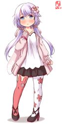 Rule 34 | 1girl, alternate costume, asymmetrical legwear, black footwear, black skirt, blush, casual, commentary request, dated, flower, full body, hair flower, hair ornament, highres, jacket, kanon (kurogane knights), kantai collection, looking at viewer, pantyhose, pink jacket, pleated skirt, purple hair, revision, shirt, shoes, short hair, short hair with long locks, simple background, single leg pantyhose, skirt, sleeves past wrists, solo, standing, thighhighs, uneven legwear, white background, white shirt, yayoi (kancolle)