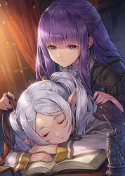 Rule 34 | 2girls, black coat, book, closed mouth, coat, commentary, elf, fern (sousou no frieren), frieren, grey hair, hagure keg, highres, long hair, long sleeves, multiple girls, open book, parted lips, pointy ears, purple eyes, purple hair, sleeping, smile, sousou no frieren, twintails